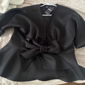 Forever 21 tie up blouse, black, peplum style, 97% poly, 7% spandex